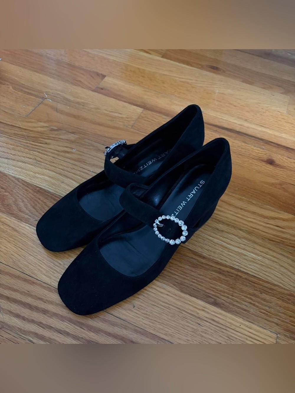 Stuart Weitzman Black Suede Mary Jane Heels with Crystal Buckle